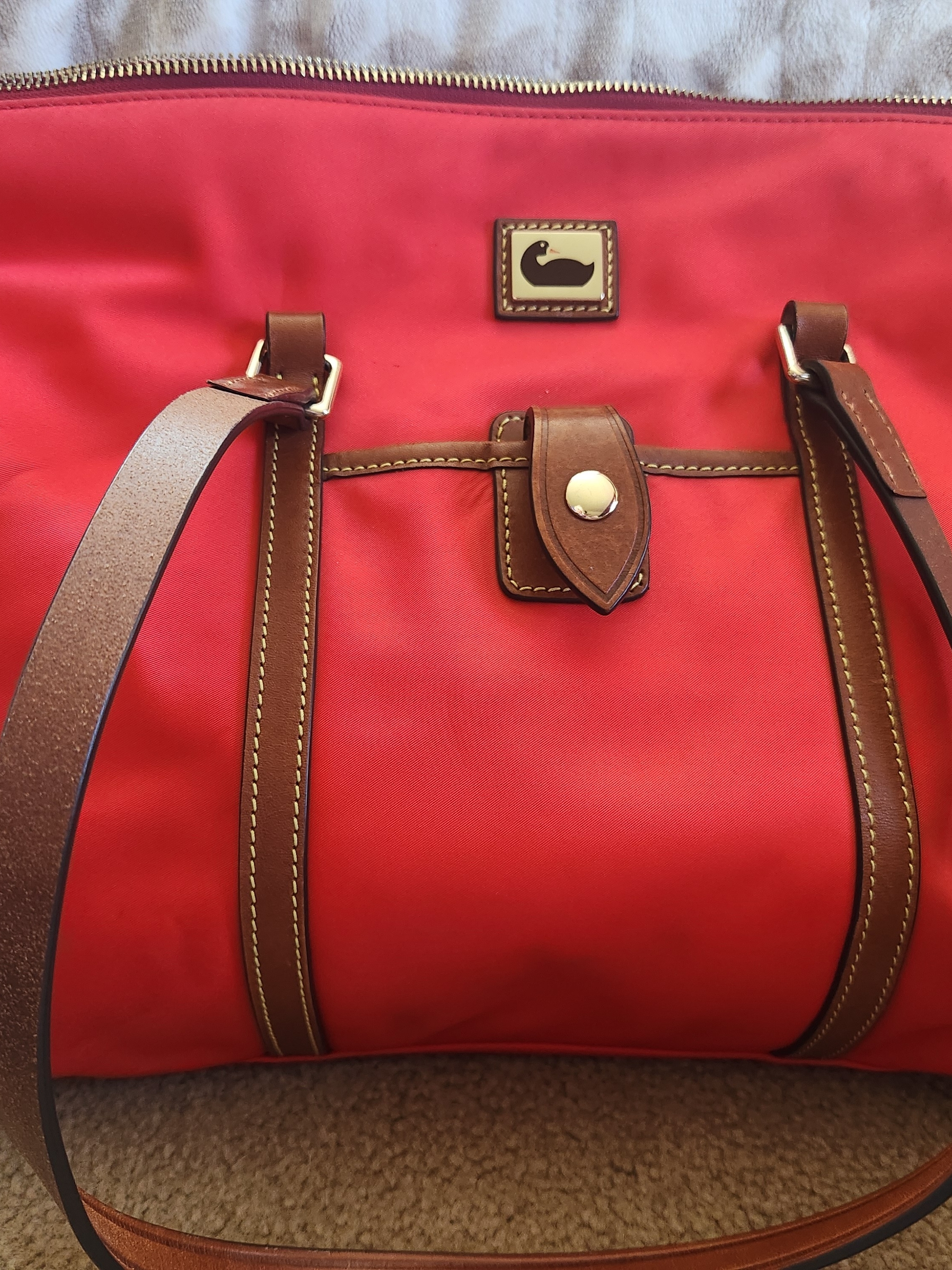 Dooney & Bourke Red Tote Bag With Brown Leather Trim